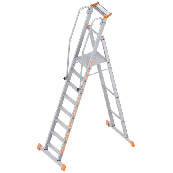 layher plattformleiter topic 8 sprossen aluminiumleiter mit plattform handlaeufen und breiten stufen einseitig begehbar klappbar laenge 3 10 m